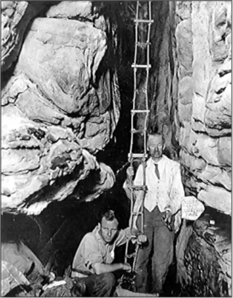 Johan Meyer and Alvin Meyer at the bottom of Johalvin Cave, 1933